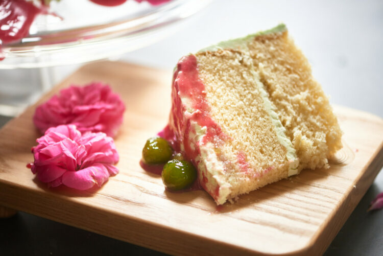 Slice of matcha and raspberry bubble tea cake