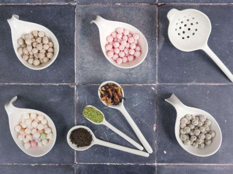 Uncooked tapioca balls with different flavors and color