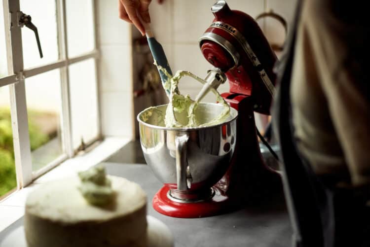 Mixing the matcha tea icing