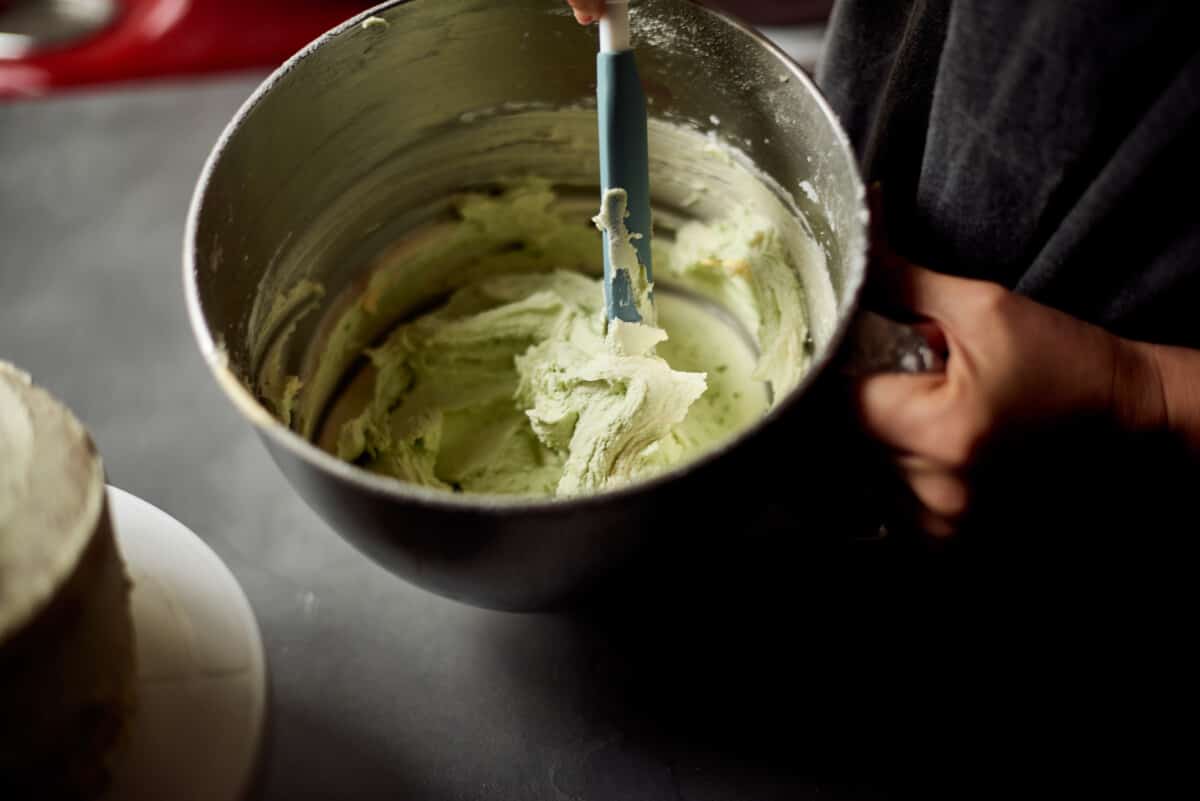 Combine matcha, green coloring, butter and sugar in bowl