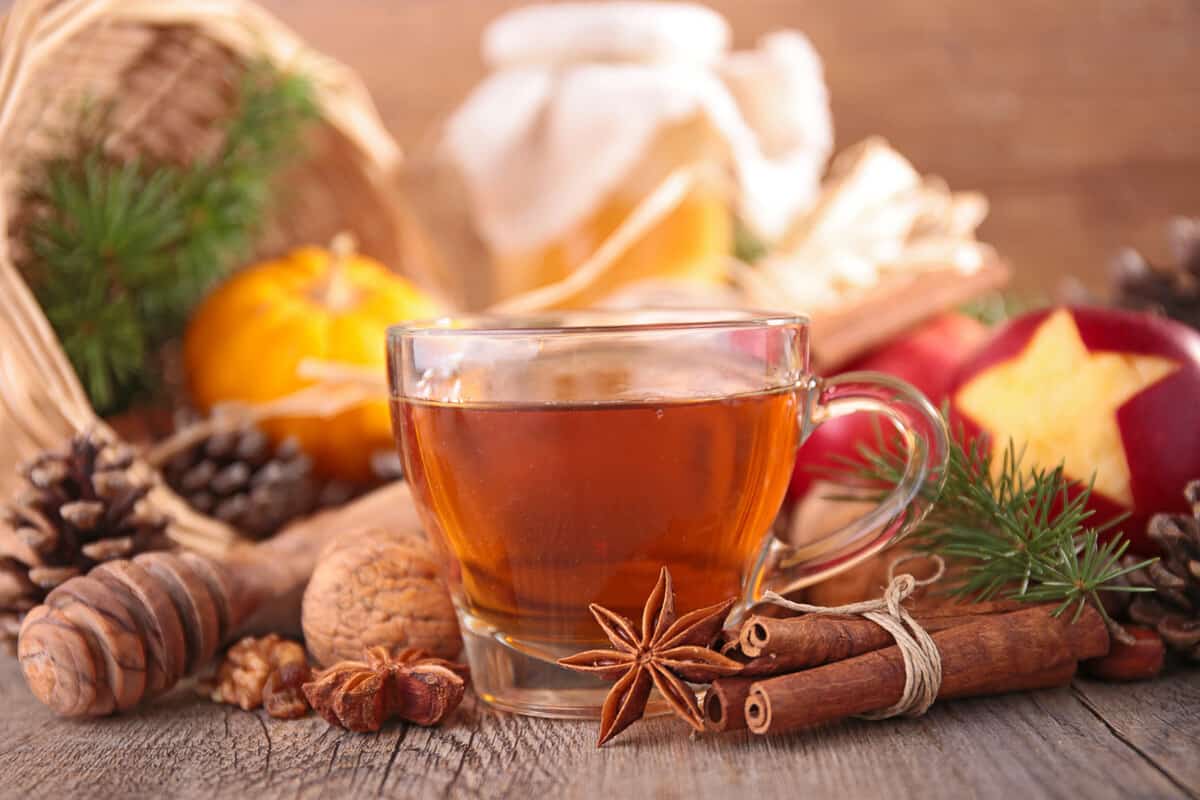 Cup of Christmas tea with star anise, cinnamon in foreground