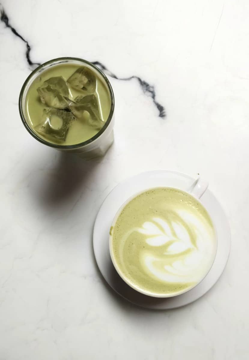 top view photo of matcha drinks